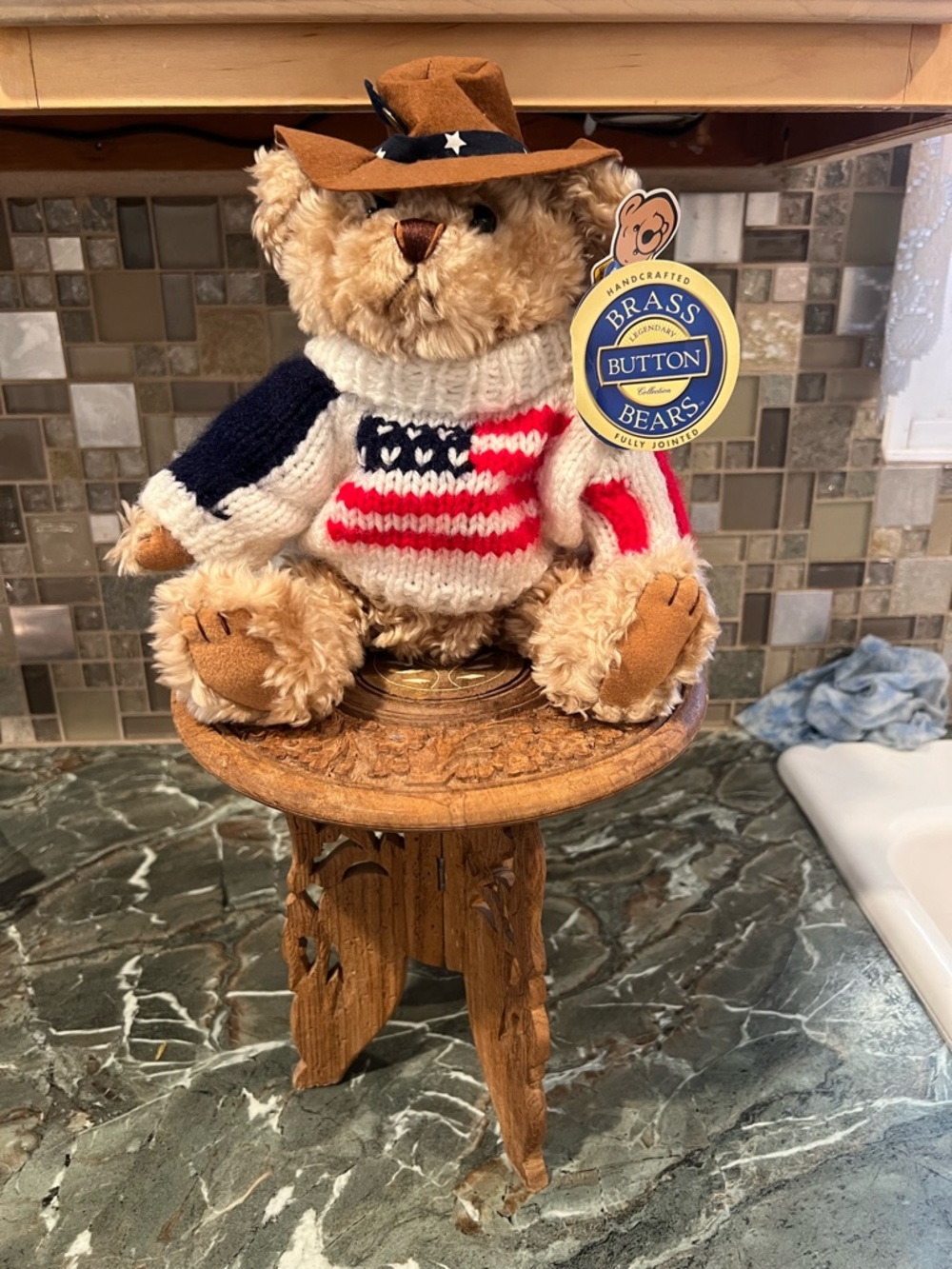 Brass Button Bears Patriotic Knit Sweater Bear  with chair - Brown Plush